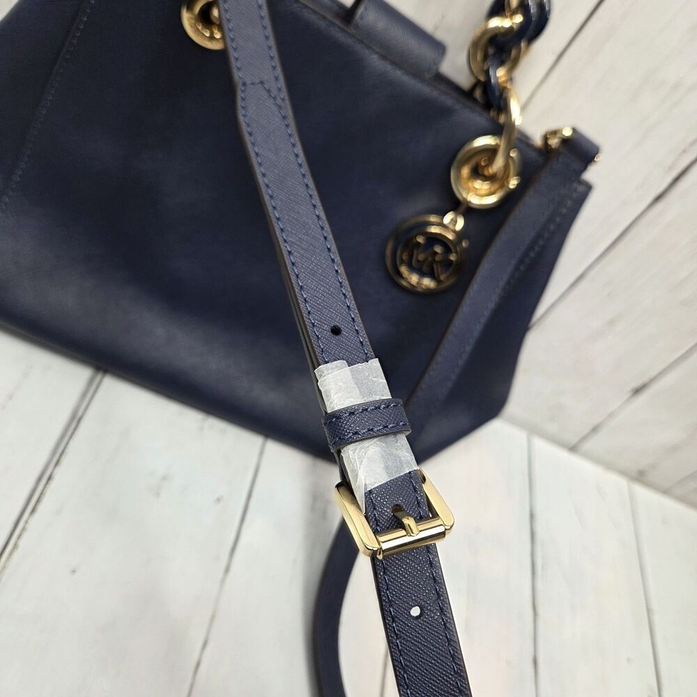 Michael Kors Saffiano Leather Cynthia Convertible Satchel Bag Small Navy Blue - Picture 7 of 16
